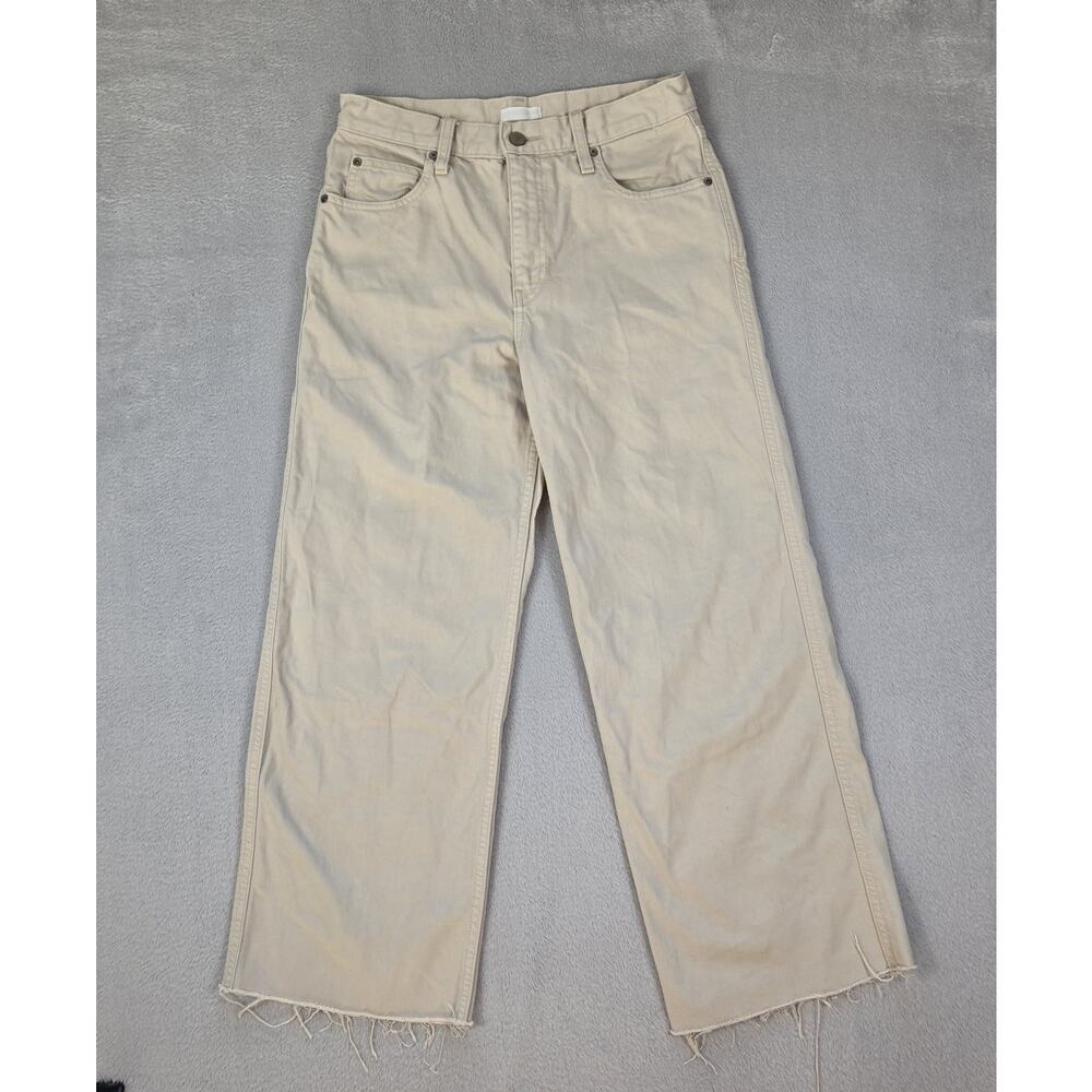 Uniqlo Jeans Women’s Beige Wide Leg Cropped Jeans Size 24 Frayed Hem Cotton